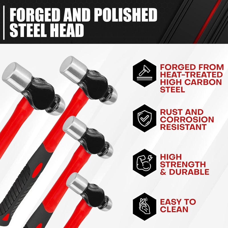 ct 4-Piece Ball Peen Hammer Set,8 12 16 24oz, Fiberglass Handle hammer for Ball Peen,Blow Striking Ball Pein Hammer Handle Tool with Forged Steel Construction & Shock Reduction Grip for Metal Working - Image 2